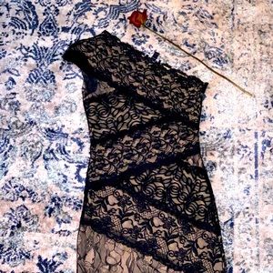 One Sleeve Lace Dress in Black and Beige